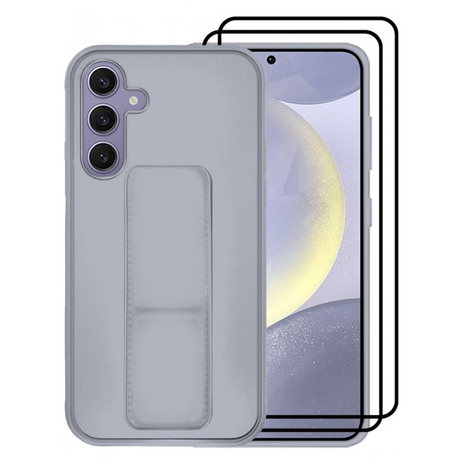 MARGOUN 3 Packs For Samsung Galaxy S24 Plus Case and 2 Screen Protectors Magnetic Stand and Holder Premium Silicone Vertical and Horizontal Hand Strap Grip Multi Stand Cover Grey
