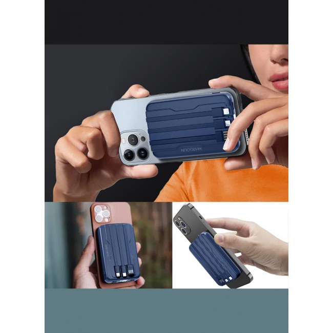 MARGOUN 10000mAh Transparent Maganetic Wireless Power Bank Fast Charging Buit-in 3-in-1 Cables Digital Display Blue/Lithium Polymer