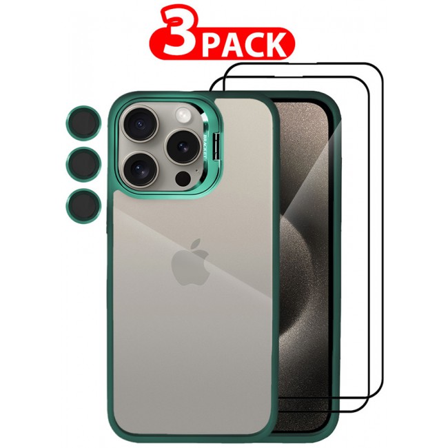 CATANES 3 Pack iPhone 15 Pro Case Cover and Lens Protector and 2 Screen Protectors Built-in Camera Stand and Compatible with MagSafe Full Body Shockproof Case Clear Green