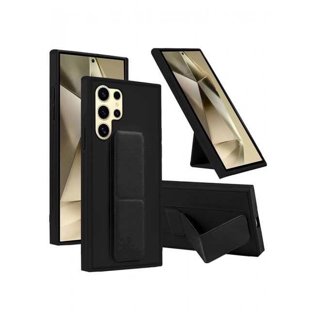 CATANES Samsung Galaxy S24 Ultra Case Magnetic Stand and Holder Premium Silicone Vertical and Horizontal Hand Strap Grip Multi Stand Car Mount Kickstand Case Finger Strap Cover Black