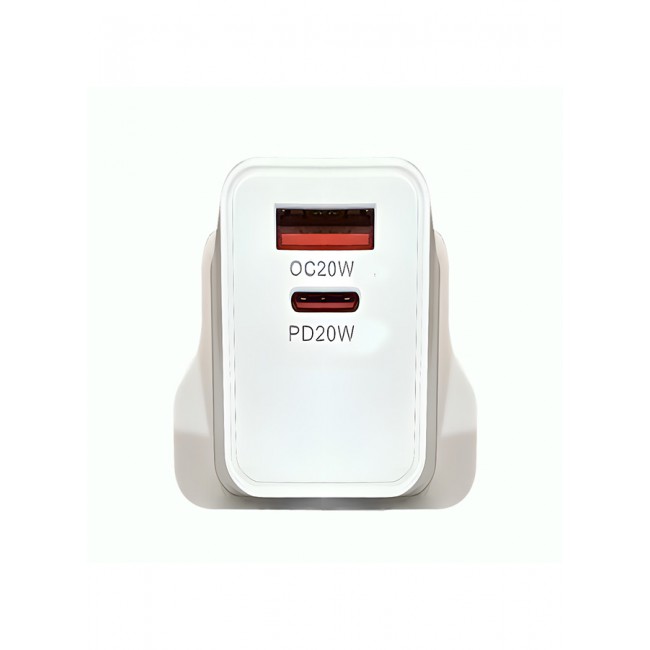 Rofee Dual Port Wall Charger 20W USB C and USB A Adapter Super Fast Charging Block Charger 3 Pins Adapter White