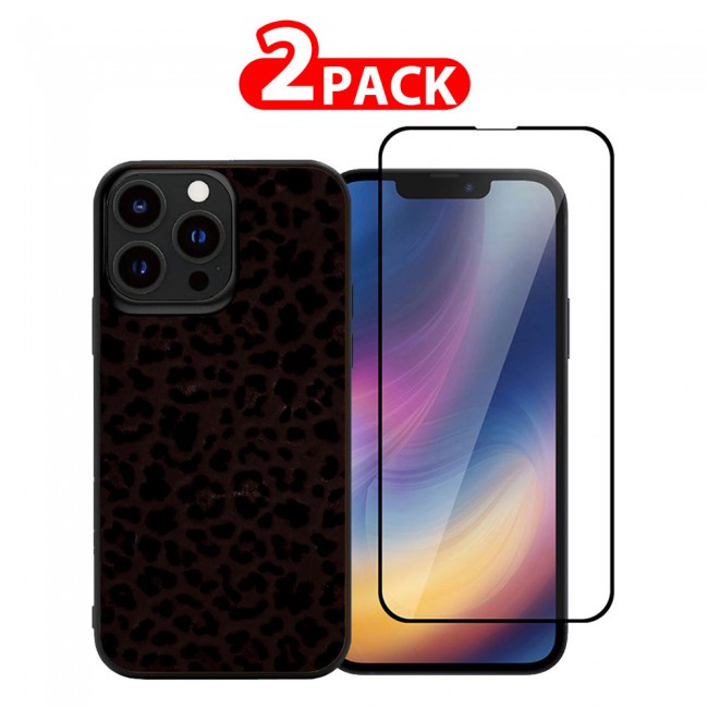 MARGOUN 2 Pack for iPhone 13 Pro Max Case Cover with Screen Protector Tempered Glass, Full Protection Back Case Glamorous Collection Leopard - Dark Brown