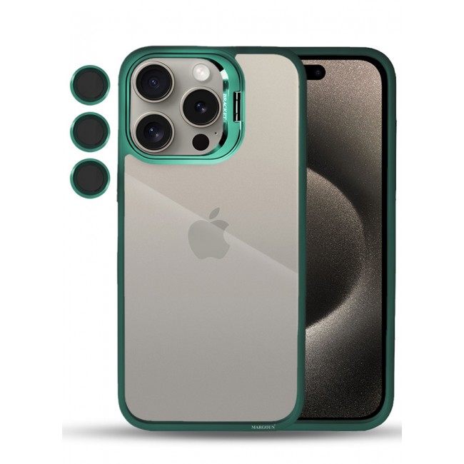 CATANES iPhone 15 Pro Case Cover and Lens Protector Built-in Camera Stand and Compatible with MagSafe Full Body Shockproof Case Clear Green