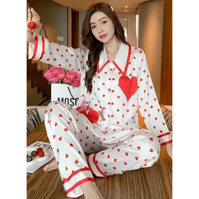 MARGOUN Women XXL Pajamas Sleepwear Suit Homewear Lounge Ice Silk Shirt Pant Two Pieces Long Sleeves Shirt and Pants Heart Print Pajamas Set MG12