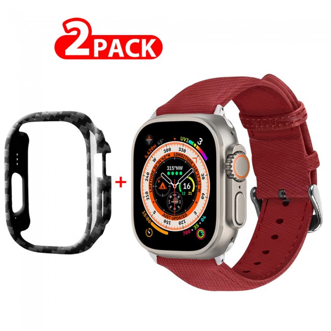 MARGOUN 2 Packs For Apple Watch Band 49mm Premium Leather Band Buckle Strap Wristband and Carbon Fiber Cup Holder/ Red