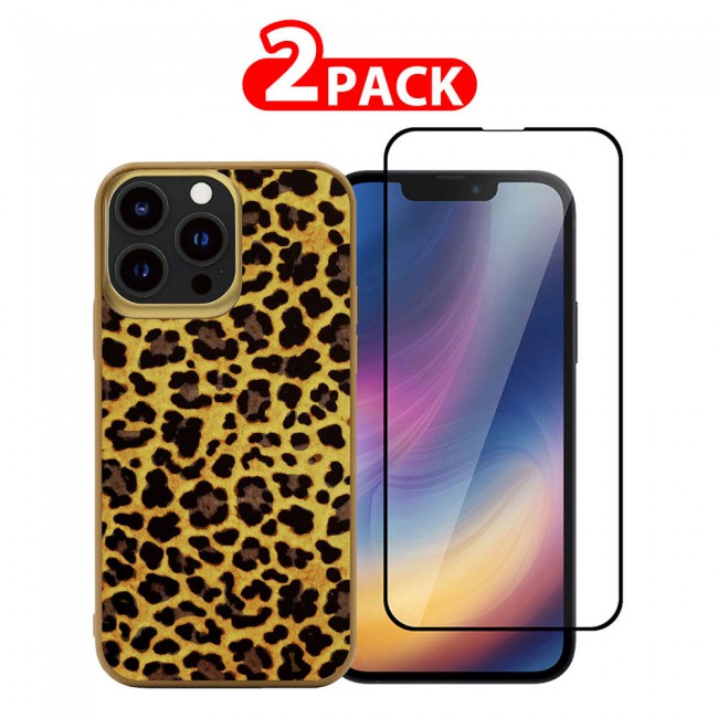 MARGOUN 2 Pack for iPhone 13 Pro Max Case Cover with Screen Protector Tempered Glass, Full Protection Back Case Glamorous Collection Leopard - Gold