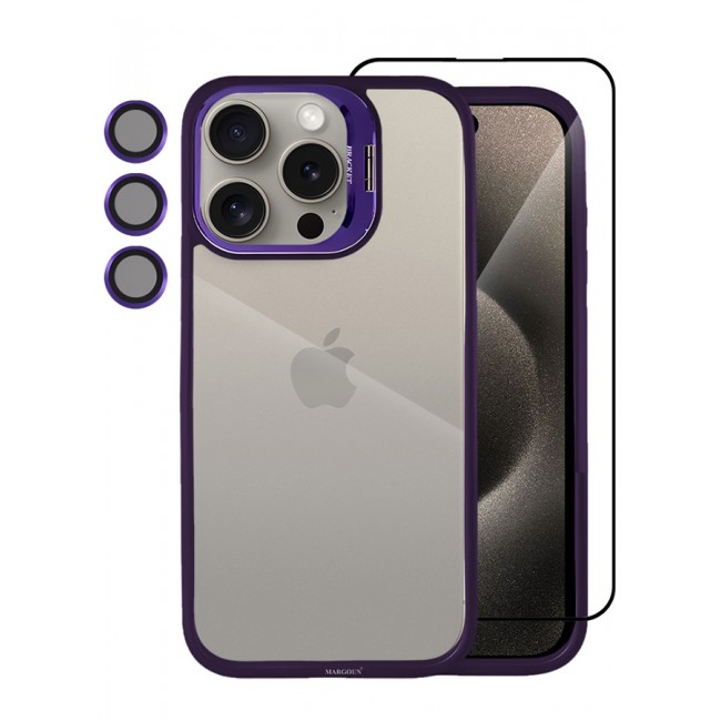 CATANES 2 Pack iPhone 15 Pro Case Cover and Lens Protector and Screen Protector Built-in Camera Stand and Compatible with MagSafe Full Body Shockproof Case Clear Purple