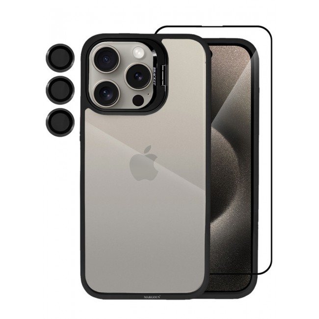 CATANES 2 Pack iPhone 15 Pro Case Cover and Lens Protector and Screen Protector Built-in Camera Stand and Compatible with MagSafe Full Body Shockproof Case Clear Black