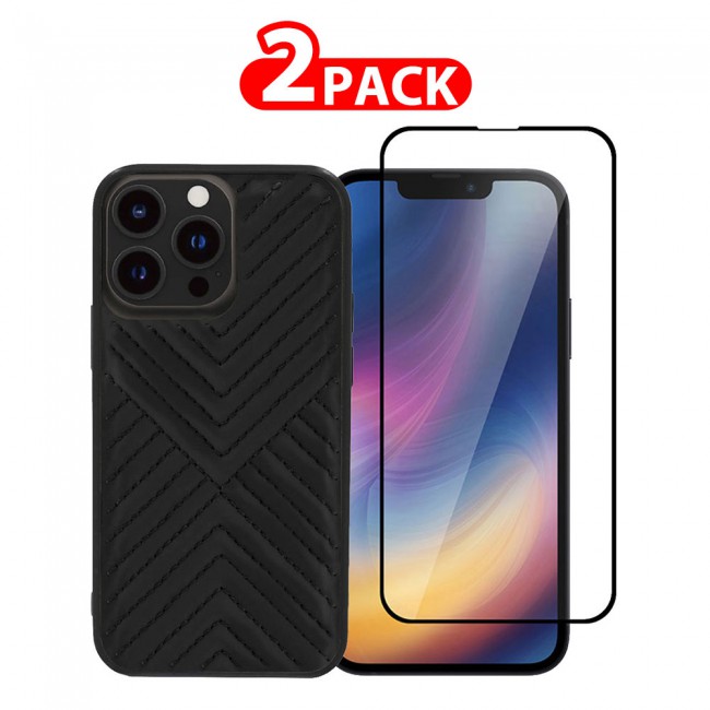MARGOUN 2 Pack for iPhone 13 Pro Max Case Cover with Screen Protector Tempered Glass, Full Protection Back Case Leather Dale Collection - Black