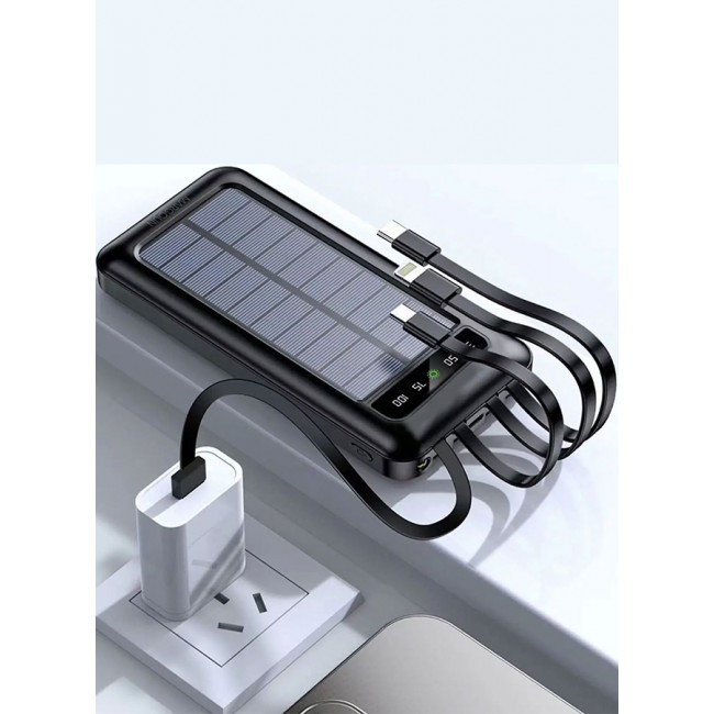 MARGOUN 10000mAh Solar Power Bank Big Capacity Phone Charging Powerbank with Cable External Battery Phone Fast Charger Black