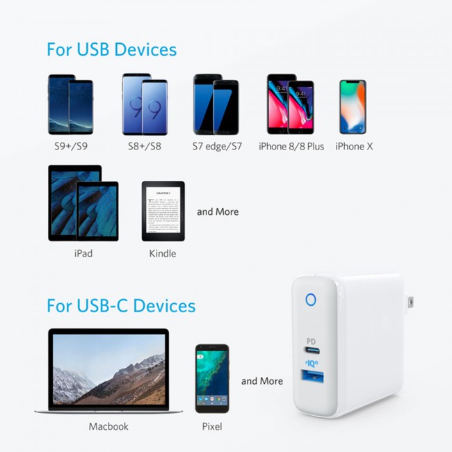 Anker PowerIQ PowerPort 2 USB Type-C Wall Charger Adapter
