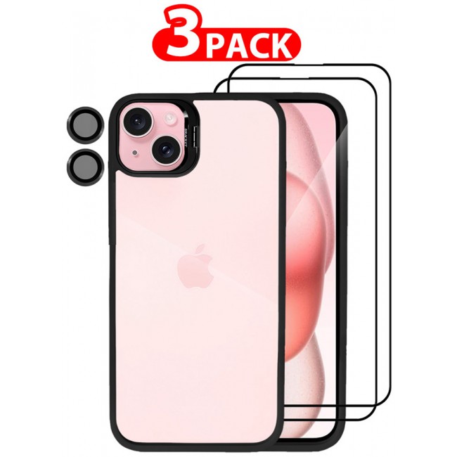 CATANES 3 Pack iPhone 15 Plus Case Cover and Lens Protector and 2 Screen Protectors Built-in Camera Stand and Compatible with MagSafe Full Body Shockproof Case Clear Black