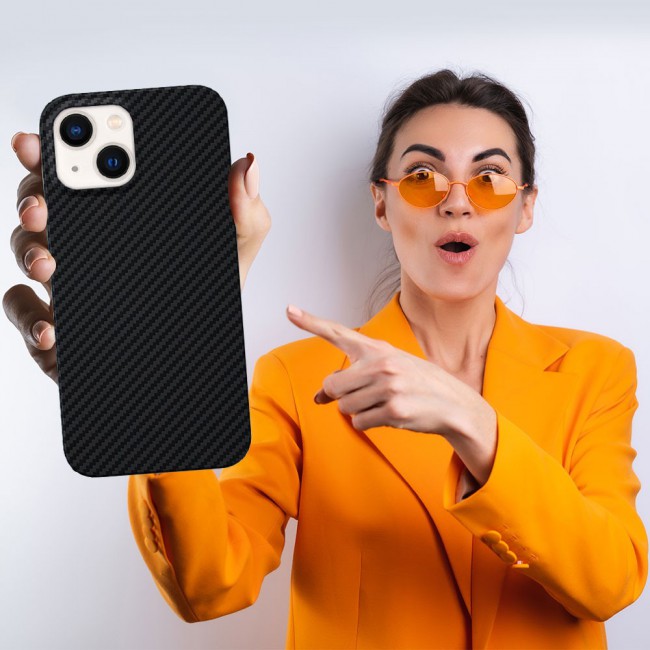 iPhone 14 Case Carbon Fiber Texture Anti-Fingerprint Slim Shockproof Cover 6.1 inch Black