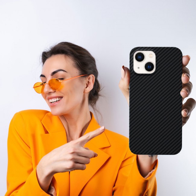iPhone 14 Plus Case Carbon Fiber Texture Anti-Fingerprint Slim Shockproof Cover 6.7 inch Black