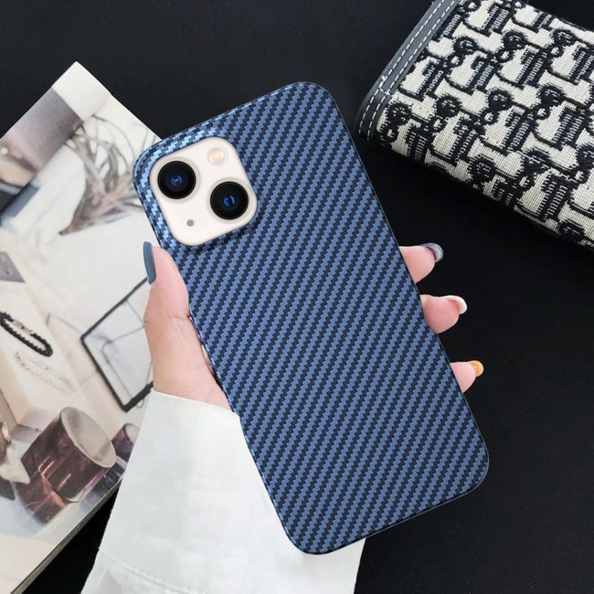 iPhone 14 Plus Case Carbon Fiber Texture Anti-Fingerprint Slim Shockproof Cover 6.7 inch Dark Blue