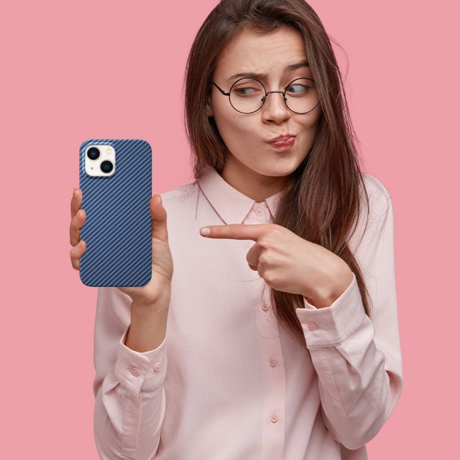 iPhone 14 Case Carbon Fiber Texture Anti-Fingerprint Slim Shockproof Cover 6.1 inch Dark Blue