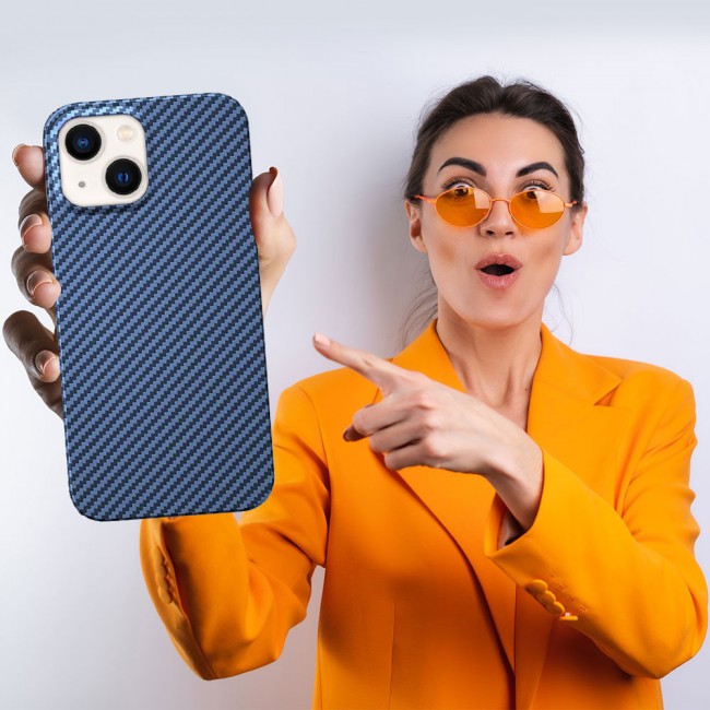 iPhone 14 Case Carbon Fiber Texture Anti-Fingerprint Slim Shockproof Cover 6.1 inch Dark Blue