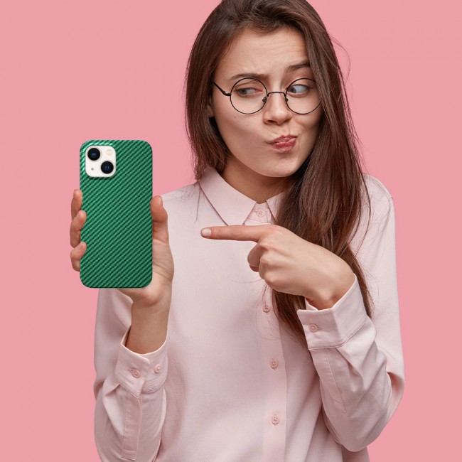 iPhone 14 Case Carbon Fiber Texture Anti-Fingerprint Slim Shockproof Cover 6.1 inch Green