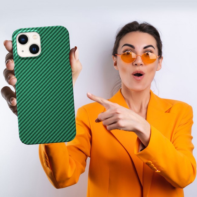 iPhone 14 Case Carbon Fiber Texture Anti-Fingerprint Slim Shockproof Cover 6.1 inch Green