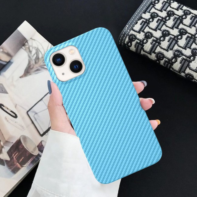 iPhone 14 Case Carbon Fiber Texture Anti-Fingerprint Slim Shockproof Cover 6.1 inch Light Blue