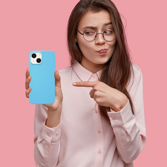 iPhone 14 Case Carbon Fiber Texture Anti-Fingerprint Slim Shockproof Cover 6.1 inch Light Blue