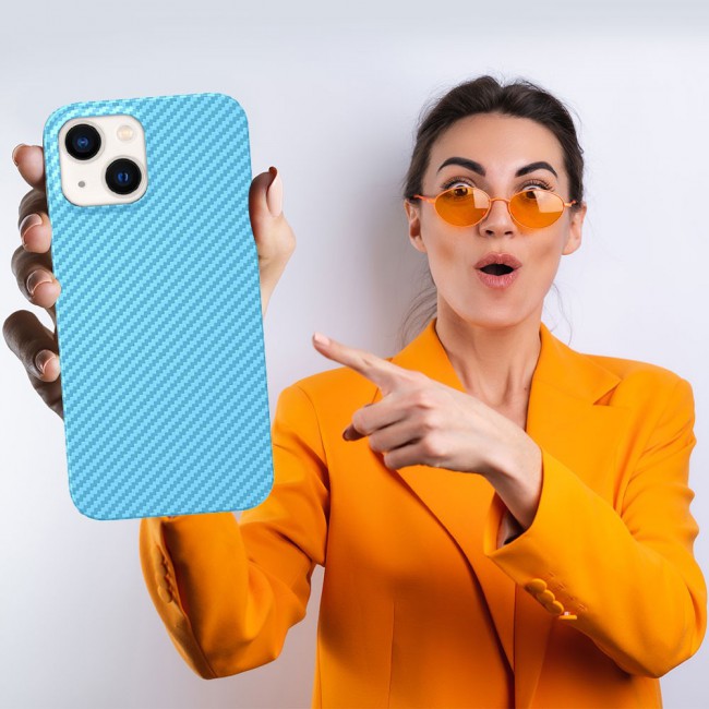iPhone 14 Case Carbon Fiber Texture Anti-Fingerprint Slim Shockproof Cover 6.1 inch Light Blue