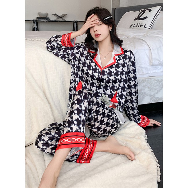 MARGOUN XXL Size High Quality Women's Silk Pajamas Satin Long Sleeve Pants Set Plaid Print Cardigan Lapel Home Clothes MG15