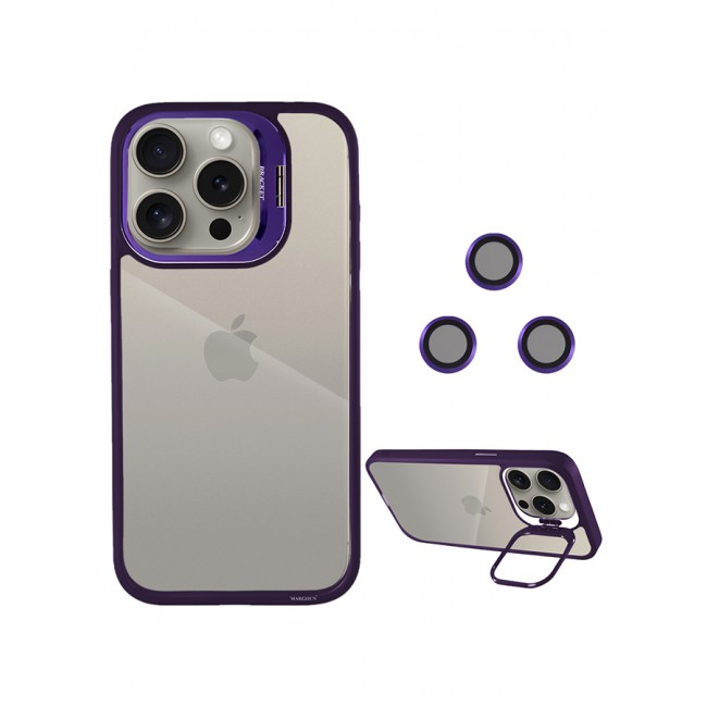 CATANES iPhone 15 Pro Case Cover and Lens Protector Built-in Camera Stand and Compatible with MagSafe Full Body Shockproof Case Clear Purple
