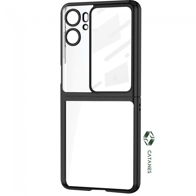 CATANES For Oppo Find N2 Flip 5G Clear Phone Case Hard PC Finger Loop Kickstand Cover Electroplated /Black