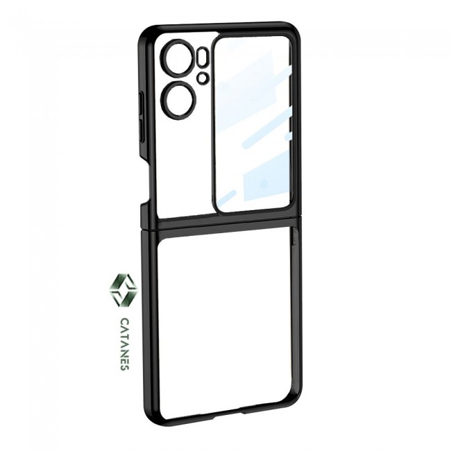 CATANES For Oppo Find N2 Flip 5G Clear Phone Case Hard PC Finger Loop Kickstand Cover Electroplated /Black