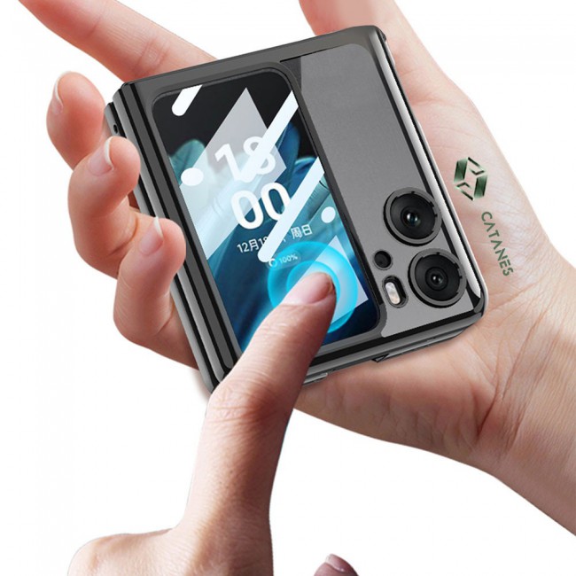 CATANES For Oppo Find N2 Flip 5G Clear Phone Case Hard PC Finger Loop Kickstand Cover Electroplated /Black