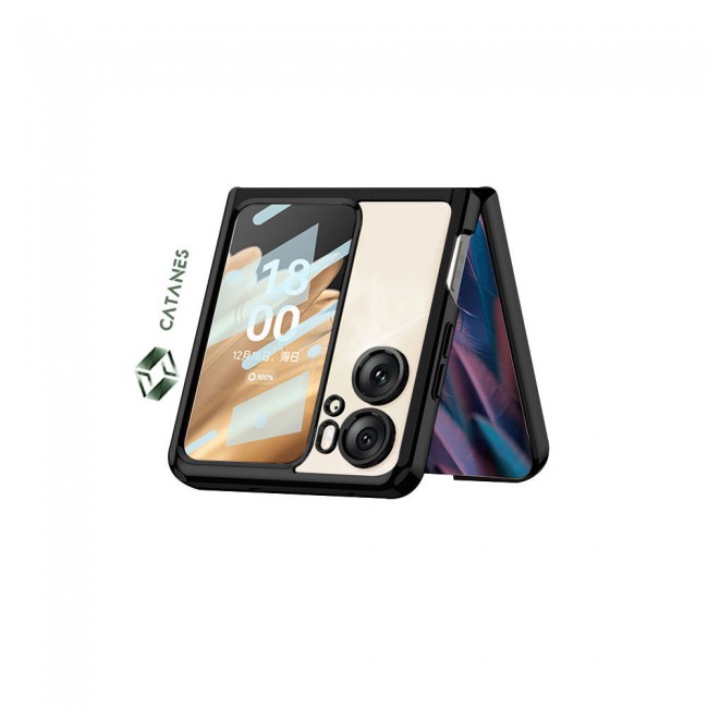 CATANES For Oppo Find N2 Flip 5G Clear Phone Case Hard PC Finger Loop Kickstand Cover Electroplated /Black