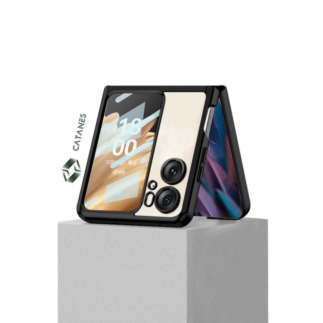 CATANES For Oppo Find N2 Flip 5G Clear Phone Case Hard PC Finger Loop Kickstand Cover Electroplated /Black
