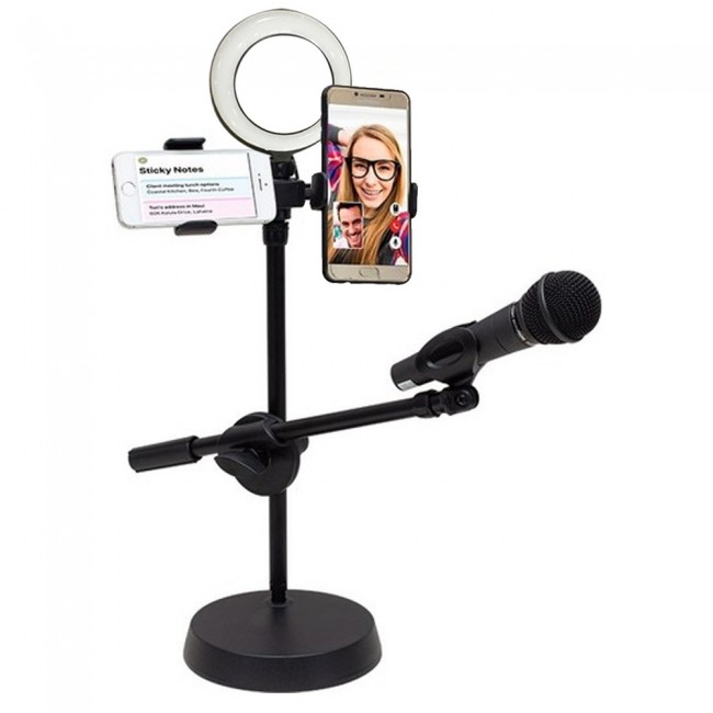 CATANES Microphone Holder 4 in 1 with 2 Cell Phone Holder Stand and Microphone Holder and Light for Live Streaming