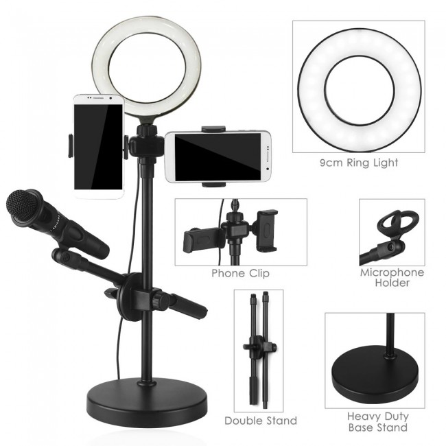 CATANES Microphone Holder 4 in 1 with 2 Cell Phone Holder Stand and Microphone Holder and Light for Live Streaming