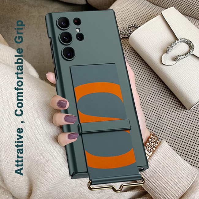 CATANES Samsung Galaxy S24 Ultra Case Ultra-Thin Hard Shockproof PC and PU Leather Wristband Cover Phone Case Luxury Slim Wrist Strap Kickstand Full Protective Anti-Scratch Case Green