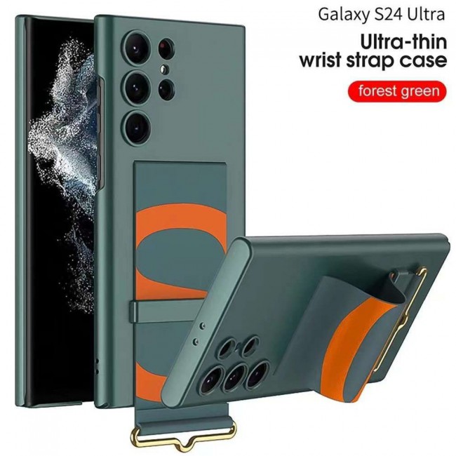 CATANES Samsung Galaxy S24 Ultra Case Ultra-Thin Hard Shockproof PC and PU Leather Wristband Cover Phone Case Luxury Slim Wrist Strap Kickstand Full Protective Anti-Scratch Case Green