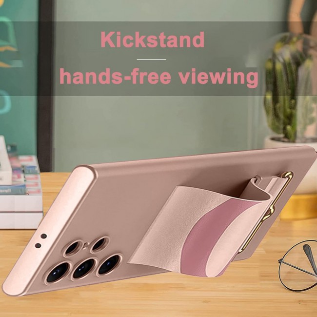 CATANES Samsung Galaxy S24 Ultra Case Ultra-Thin Hard Shockproof PC and PU Leather Wristband Cover Phone Case Luxury Slim Wrist Strap Kickstand Full Protective Anti-Scratch Case Pink