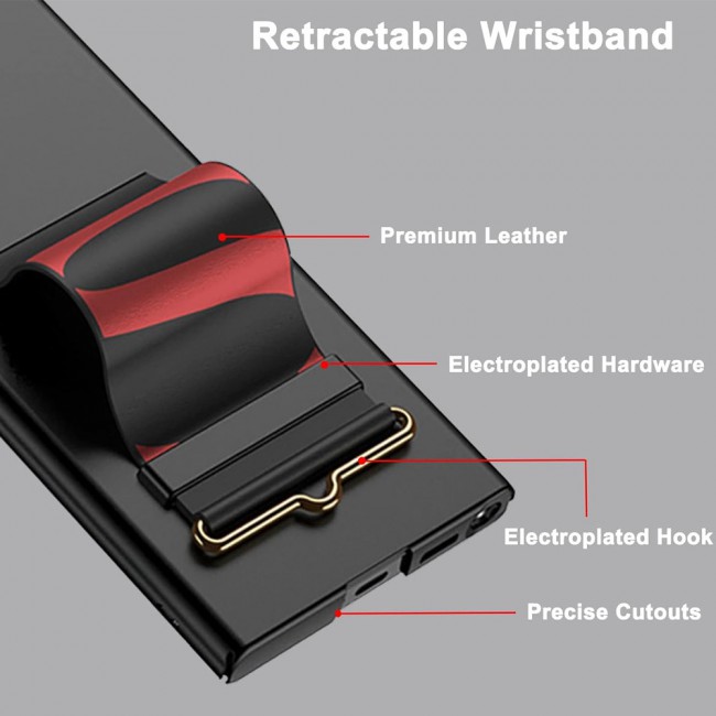 CATANES Samsung Galaxy S24 Ultra Case Ultra-Thin Hard Shockproof PC and PU Leather Wristband Cover Phone Case Luxury Slim Wrist Strap Kickstand Full Protective Anti-Scratch Case Black