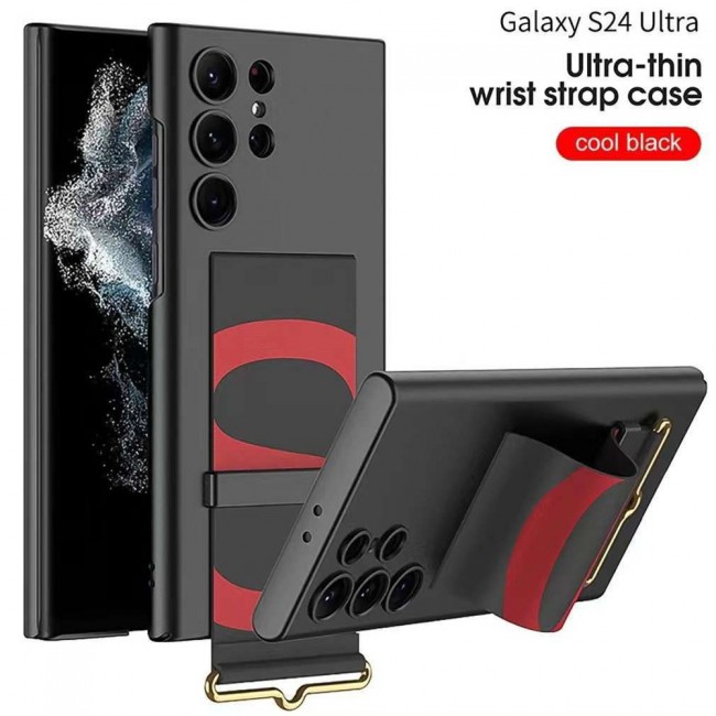 CATANES Samsung Galaxy S24 Ultra Case Ultra-Thin Hard Shockproof PC and PU Leather Wristband Cover Phone Case Luxury Slim Wrist Strap Kickstand Full Protective Anti-Scratch Case Black