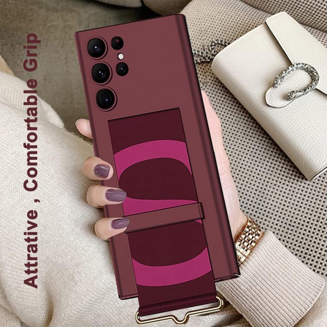 CATANES Samsung Galaxy S24 Ultra Case Ultra-Thin Hard Shockproof PC and PU Leather Wristband Cover Phone Case Luxury Slim Wrist Strap Kickstand Full Protective Anti-Scratch Case Red