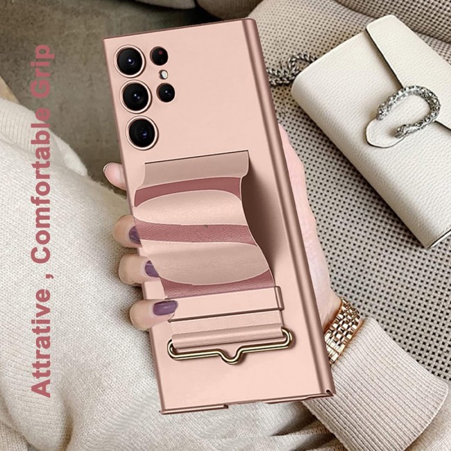 CATANES Samsung Galaxy S24 Ultra Case Ultra-Thin Hard Shockproof PC and PU Leather Wristband Cover Phone Case Luxury Slim Wrist Strap Kickstand Full Protective Anti-Scratch Case Pink