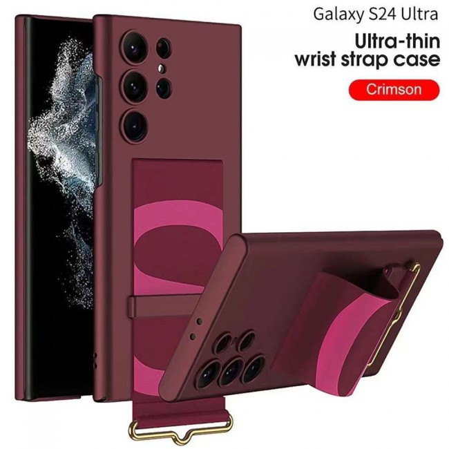 CATANES Samsung Galaxy S24 Ultra Case Ultra-Thin Hard Shockproof PC and PU Leather Wristband Cover Phone Case Luxury Slim Wrist Strap Kickstand Full Protective Anti-Scratch Case Red