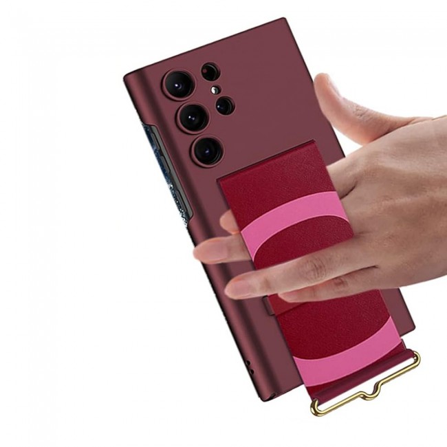 CATANES Samsung Galaxy S24 Ultra Case Ultra-Thin Hard Shockproof PC and PU Leather Wristband Cover Phone Case Luxury Slim Wrist Strap Kickstand Full Protective Anti-Scratch Case Red