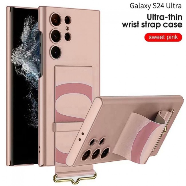 CATANES Samsung Galaxy S24 Ultra Case Ultra-Thin Hard Shockproof PC and PU Leather Wristband Cover Phone Case Luxury Slim Wrist Strap Kickstand Full Protective Anti-Scratch Case Pink