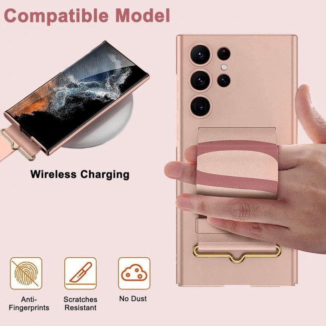 CATANES Samsung Galaxy S24 Ultra Case Ultra-Thin Hard Shockproof PC and PU Leather Wristband Cover Phone Case Luxury Slim Wrist Strap Kickstand Full Protective Anti-Scratch Case Pink