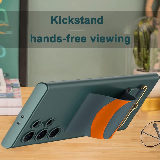 CATANES Samsung Galaxy S24 Ultra Case Ultra-Thin Hard Shockproof PC and PU Leather Wristband Cover Phone Case Luxury Slim Wrist Strap Kickstand Full Protective Anti-Scratch Case Green
