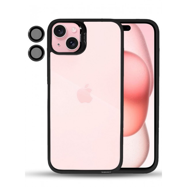 CATANES iPhone 15 Plus Case Cover and Lens Protector Built-in Camera Stand and Compatible with MagSafe Full Body Shockproof Case Clear Black