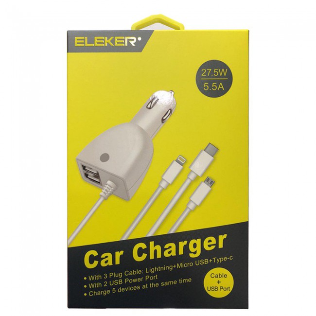 Eleker Car Charger with 3 Plug Cables and 2 USB Ports