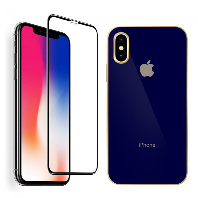 2Pack Hicool iPhone X and XS Case Cover Gold Edge with 3D Screen Protector - Dark Blue